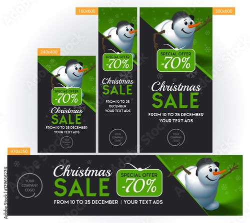 Christmas Sale banner green set with snowman, gift and snowfall