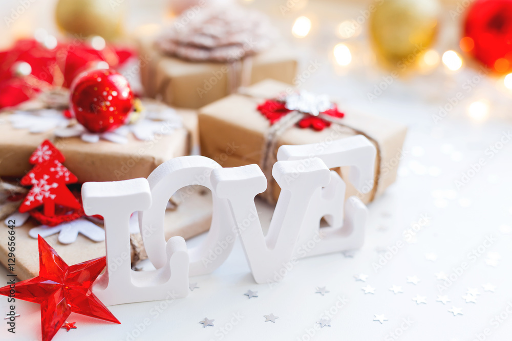 Christmas, New Year or Valentine's Day background with presents and decorations. Holiday background with stars confetti and light bulbs. Place for text. Christmas, New Year or Valentine's Day background with presents and decorations. Holiday background with stars confetti and light bulbs. Place for text.