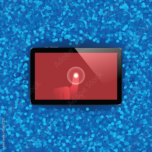 Digital tablet with shiny sensor screen with touch hand. Electronic smart device