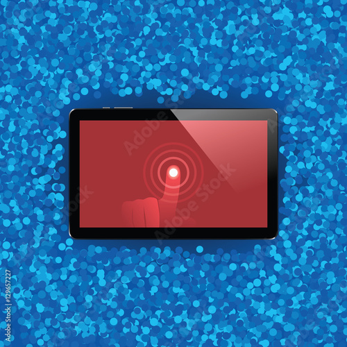 Digital tablet with shiny sensor screen with touch hand. Electronic smart device