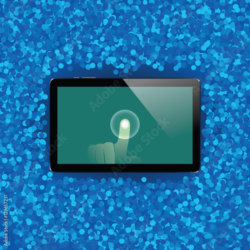 Digital tablet with shiny sensor screen with touch hand. Electronic smart device