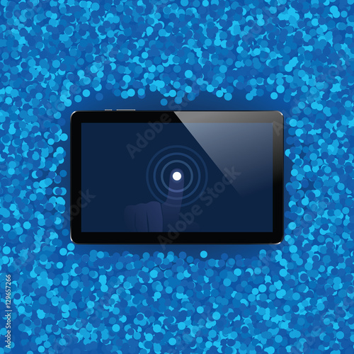 Digital tablet with shiny sensor screen with touch hand. Electronic smart device