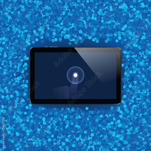 Digital tablet with shiny sensor screen with touch hand. Electronic smart device