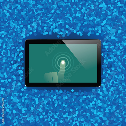 Digital tablet with shiny sensor screen with touch hand. Electronic smart device