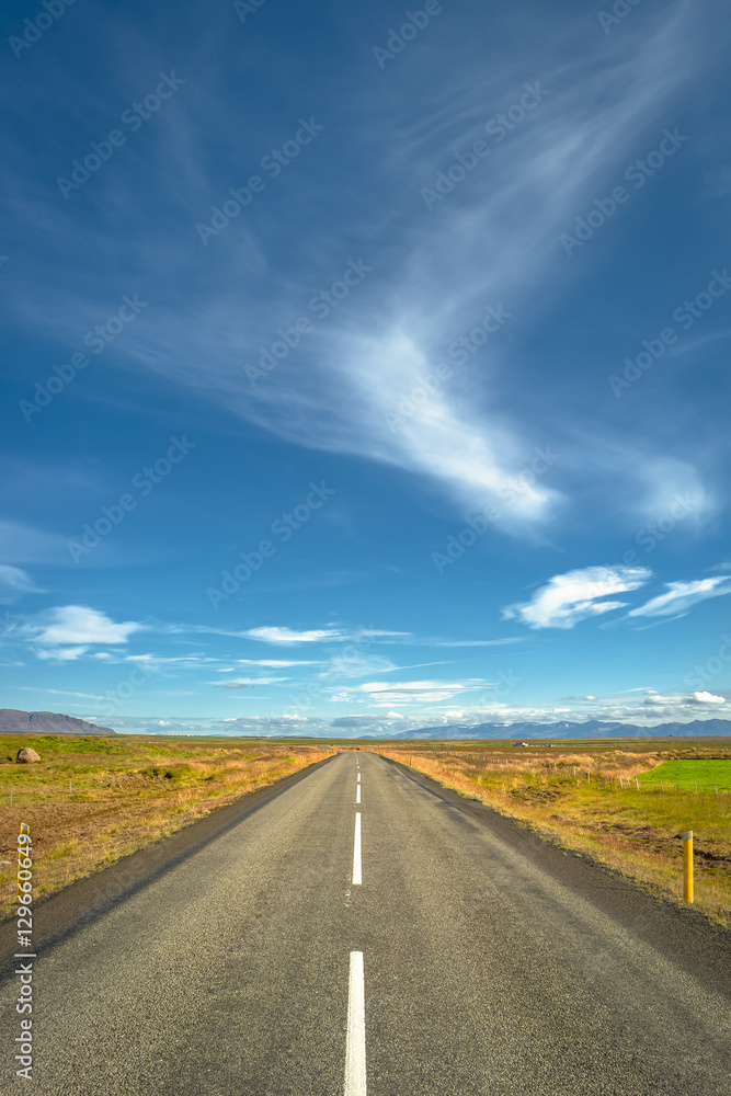 Naklejka premium Isolated road and Icelandic landscape at Iceland, summer