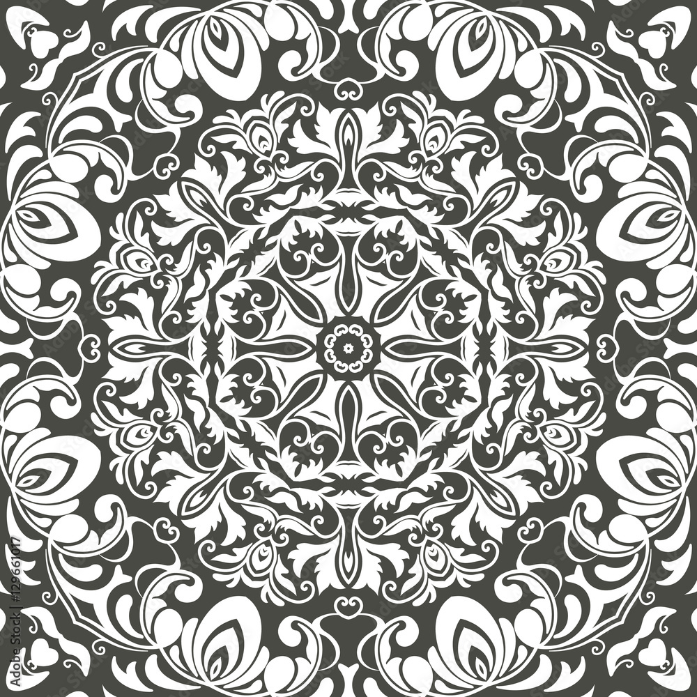 Mandala seamless floral pattern with flowers and leaves. Coloring, white and black. Seamless pattern. Doodle lace mandala. Vector illustration.
