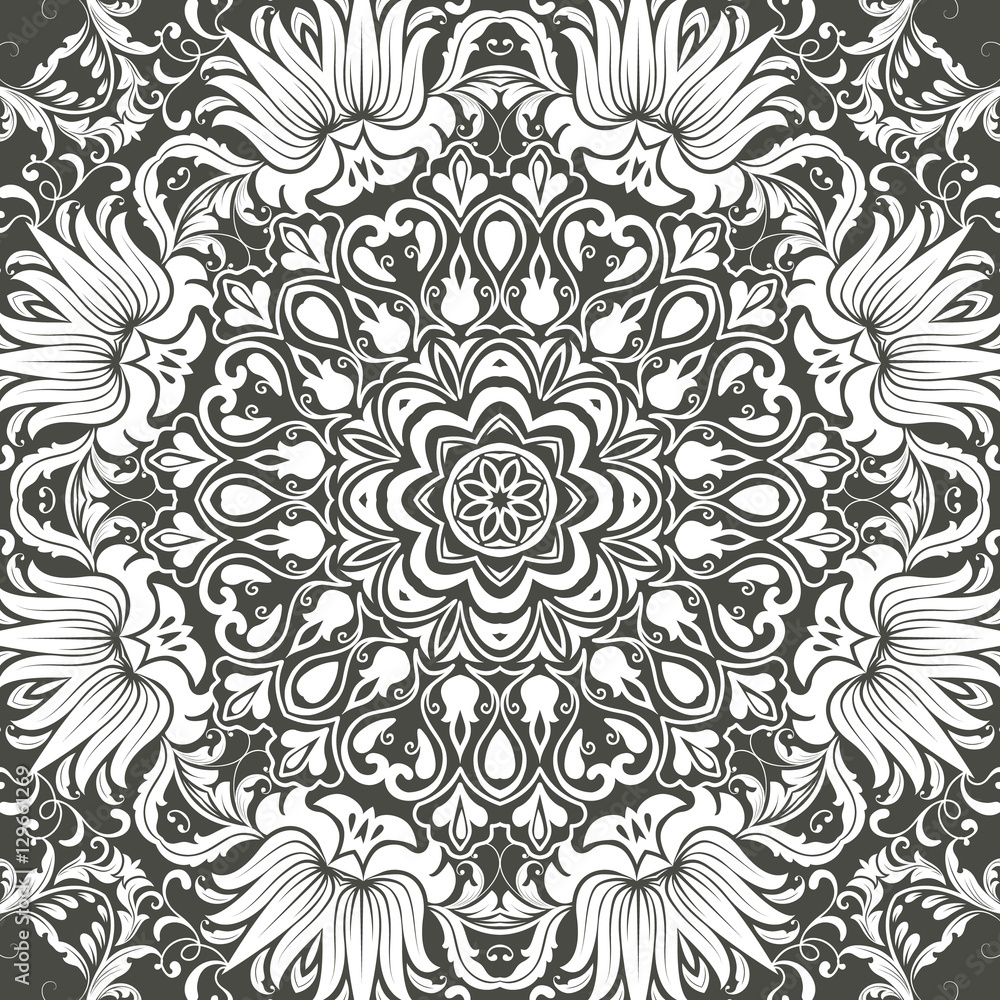 Mandala seamless floral pattern with flowers and leaves. Coloring, white and black. Seamless pattern. Doodle lace mandala. Vector illustration. Mandala seamless floral pattern with flowers and leaves. Coloring, white and black. Seamless pattern. Doodle lace mandala. Vector illustration.