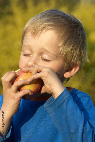 Child little blond boy eating red apple outdoor in the garden. Kids  lifestyle concept. Child eating healthy food    