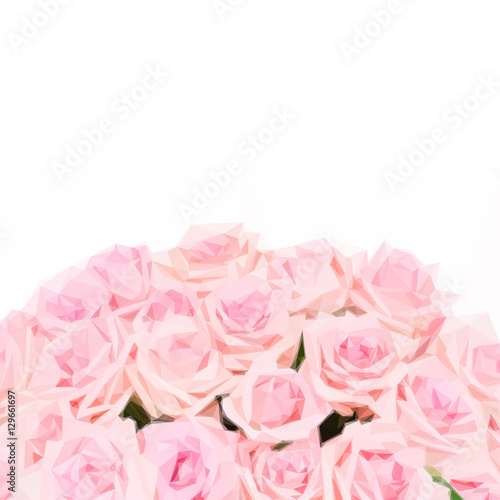 Low poly illustration Pink blooming roses border isolated on white background