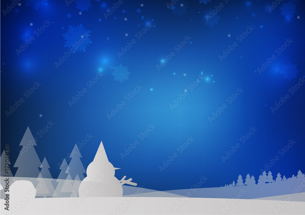 Naklejka Vector : Christmas trees and snowman with snowflake on blue back