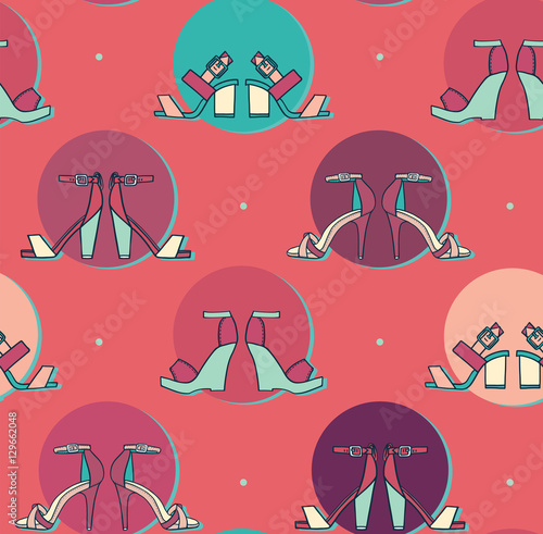Bright vector illustration with sandals pairs in colorful circles on pink background in seamless pattern design. Hand drawn texture good for fashion and footwear design, tileable, creative.