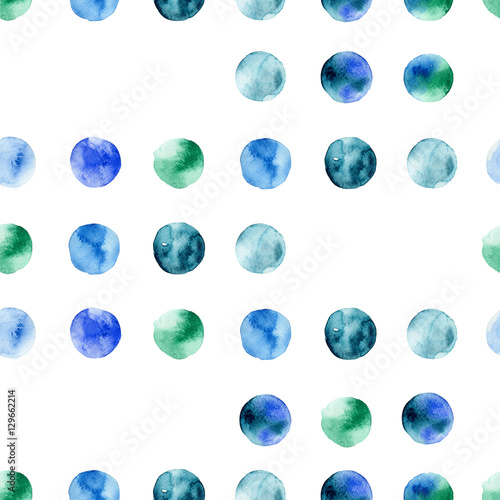Watercolor seamless simple polka dot childish pattern on white. Blue, emerald dots. Painted dots. A number of large round dots repeated to form a regular pattern on fabric. Scandinavian style
