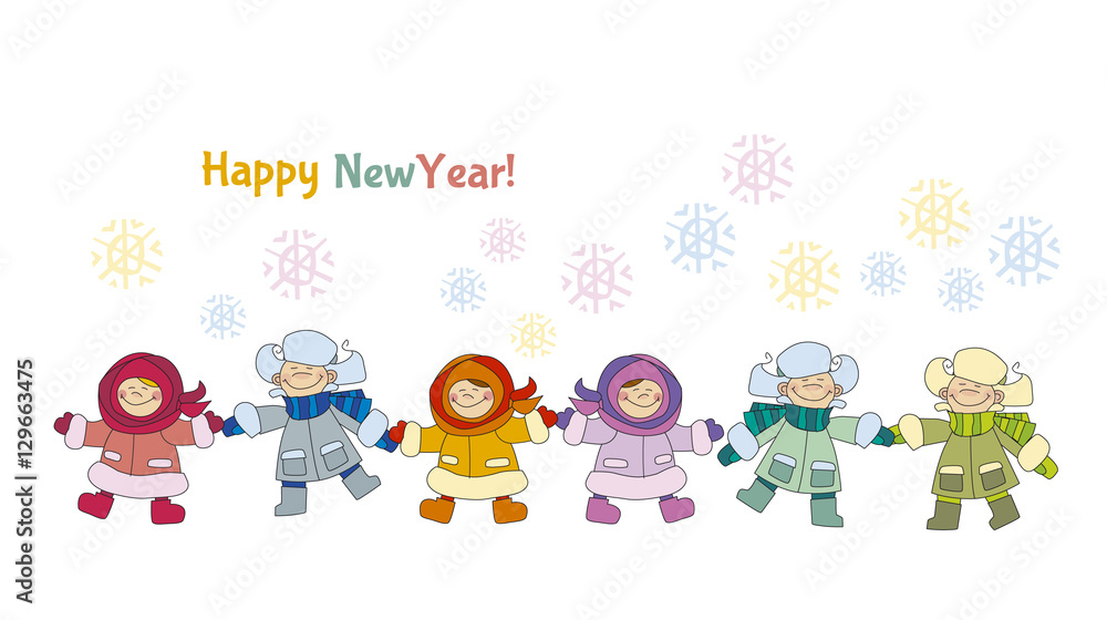 Boys and girls playing in the snow concept. Adorable kids in win Boys and girls playing in the snow concept. Adorable kids in win