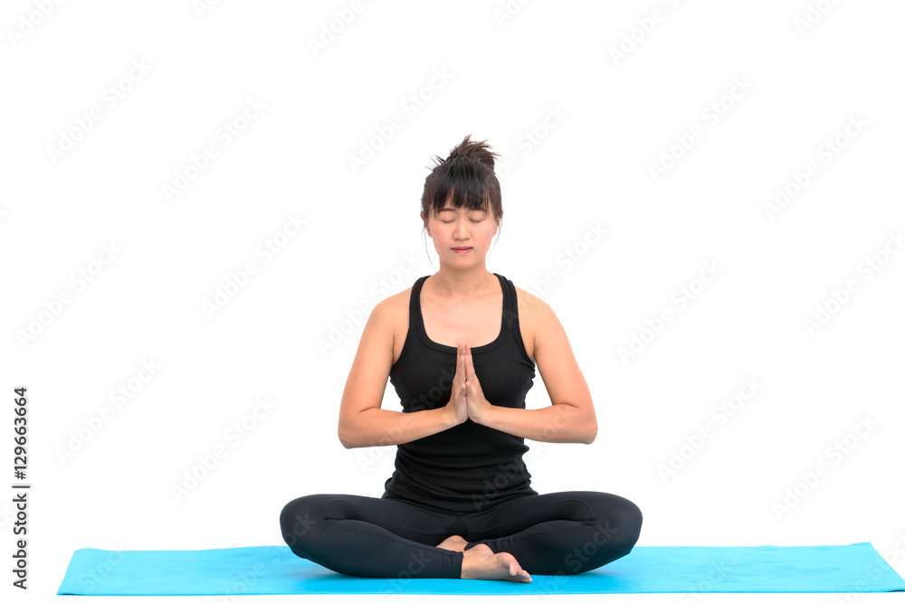 Beautiful Asian woman practicing yoga pose on white background Beautiful Asian woman practicing yoga pose on white background
