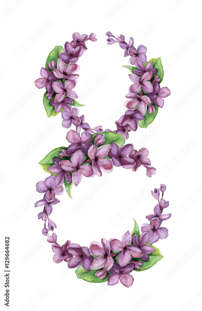 Watercolor lilac number 8 isolated on white background