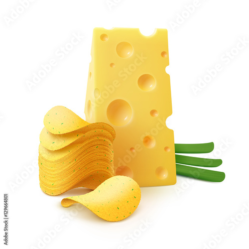 Vector Potato Crispy Chips Stack with Cheese and Onion Close up on White Background