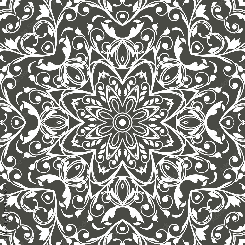Mandala seamless floral pattern with flowers and leaves. Coloring, white and black. Seamless pattern. Doodle lace mandala. Vector illustration. Mandala seamless floral pattern with flowers and leaves. Coloring, white and black. Seamless pattern. Doodle lace mandala. Vector illustration.