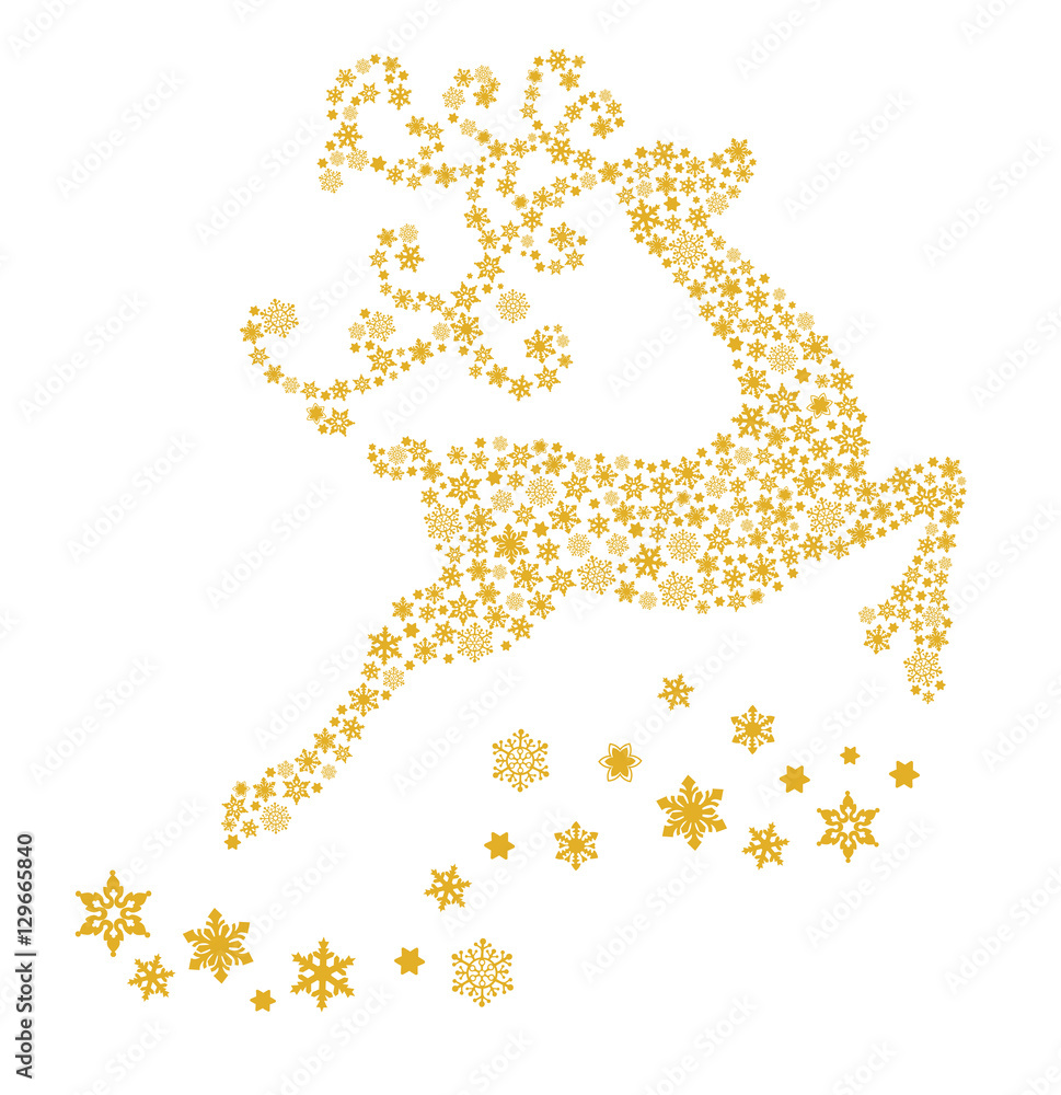 gold Christmas Reindeer and snowflakes. Vector illustration silhouette isolated on white background
