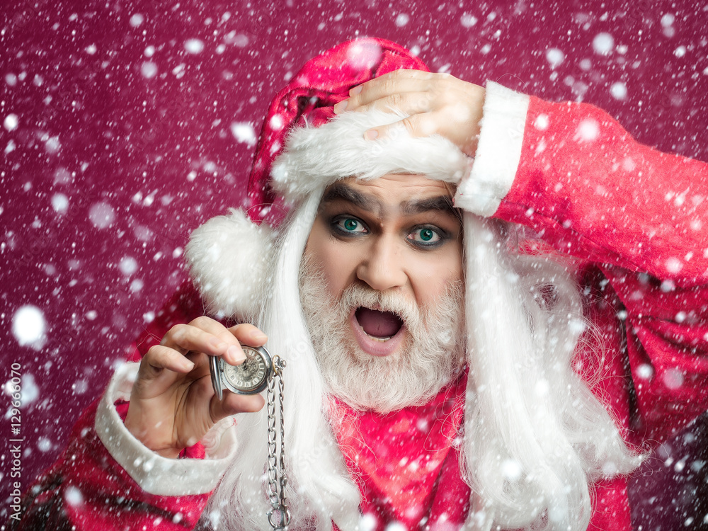 surprised Christmas man with clock on chain surprised Christmas man with clock on chain