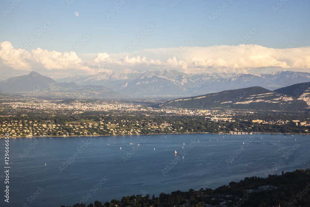 Aerial view over the mountain range of the Alps and Geneva lake, Switzerland
