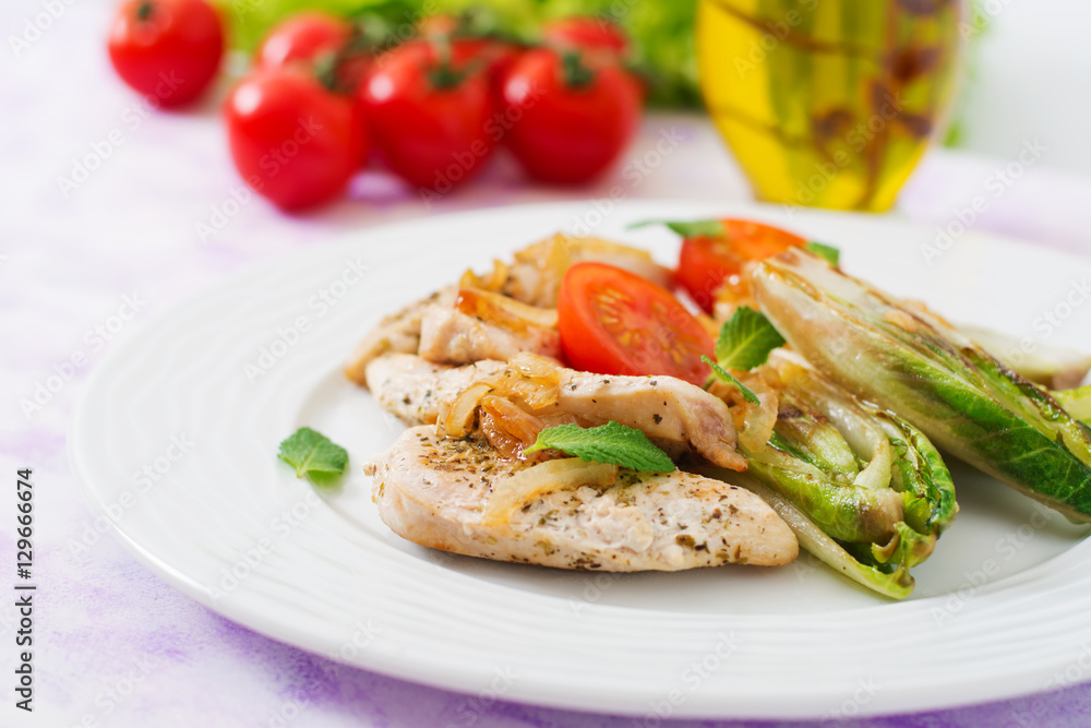 Baked chicory with chicken, onions and herbs. Baked chicory with chicken, onions and herbs.