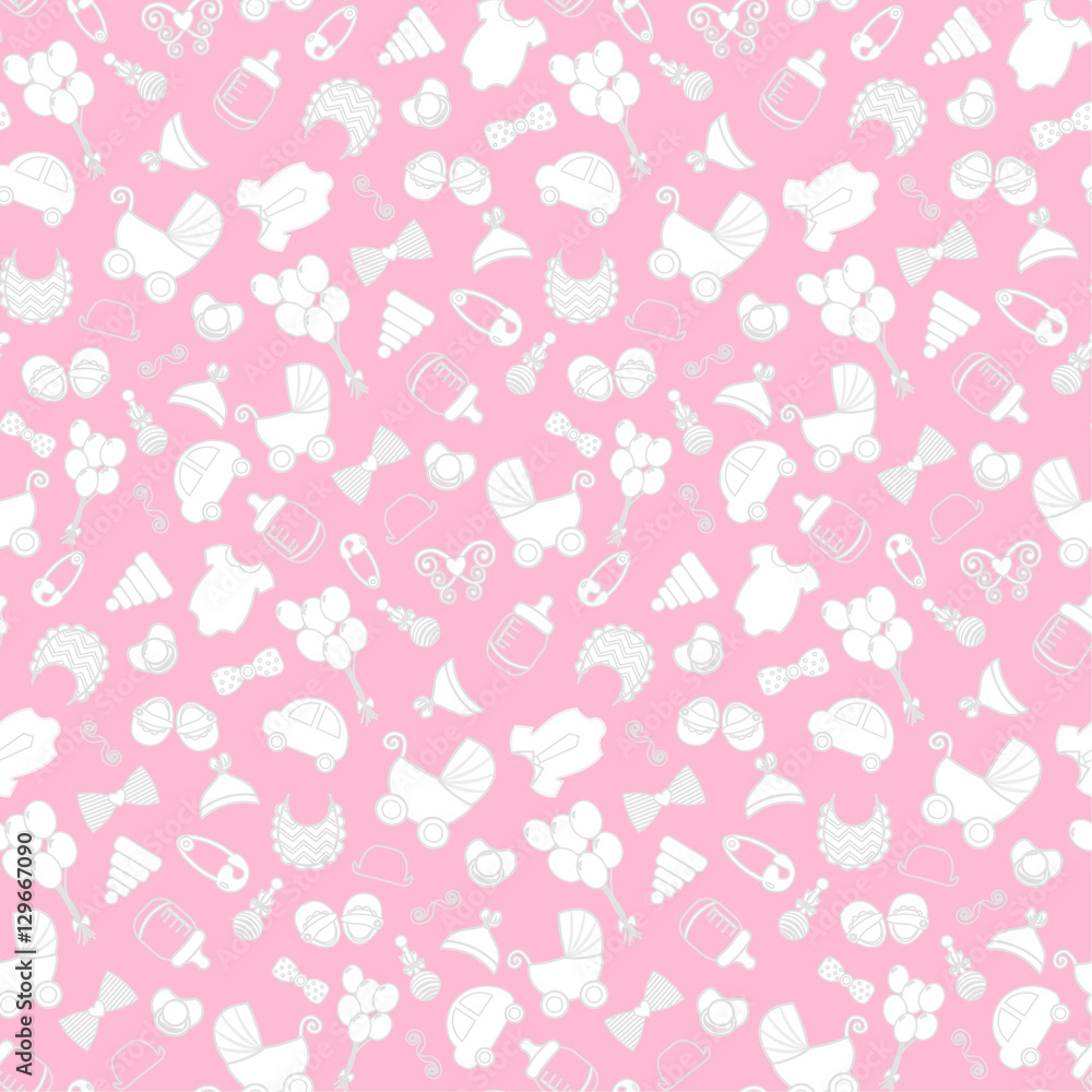 baby girl pink background. Vector seamless pregnancy pattern. for Shower.  outline Stock Vector