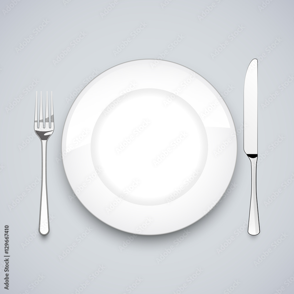 Plate, knife and fork, on gray background, vector Plate, knife and fork, on gray background, vector