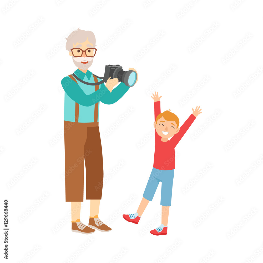 Grandfather And Grandson Taking Pictures,Part Of Grandparent And Grandchild Passing Time Together Set Of Illustrations