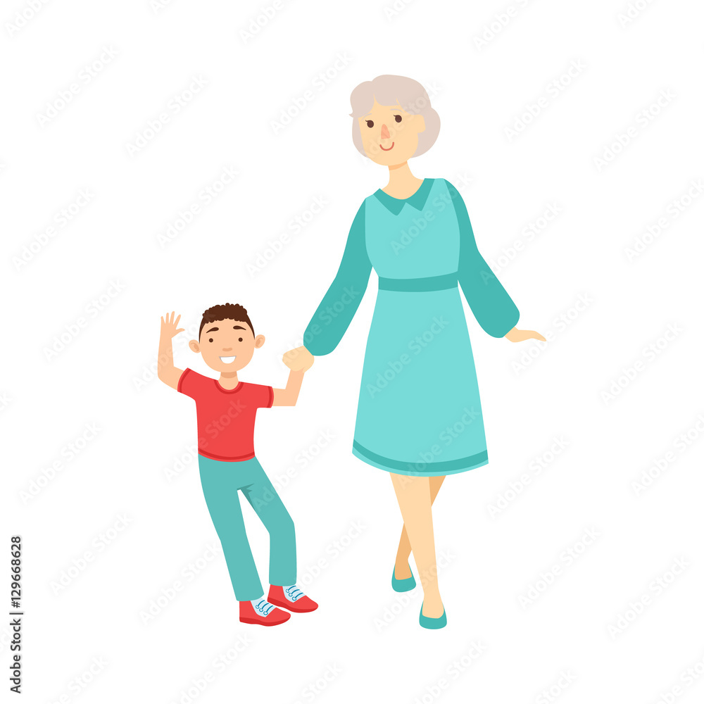 Grandmother And Grandson Walking Holding Hands,Part Of Grandparent And Grandchild Passing Time Together Set Of Illustrations