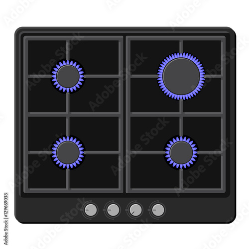 Surface of Black Gas Hob Stove with Fire On. Vector