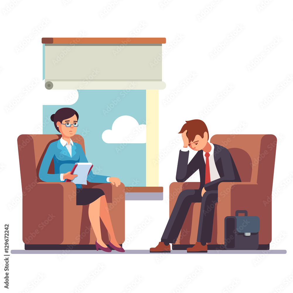 Obraz premium Broken businessman talking to psychologist