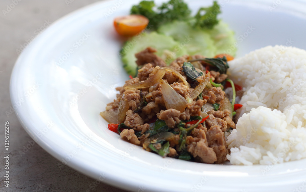 Close up Rice topped with stir fried minced pork and basil Close up Rice topped with stir fried minced pork and basil