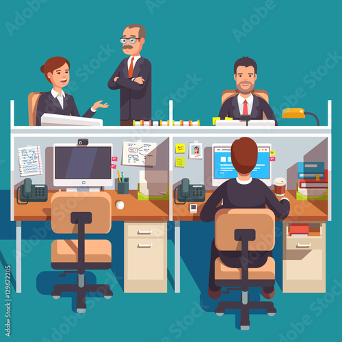 Cubicle office work space with employees