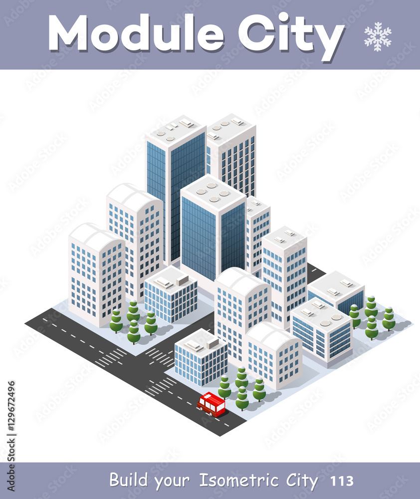 Fototapeta premium Isometric set 3D city three-dimensional winter town quarter. Skyscrapers, apartment, office, houses and streets with urban traffic movement of the car with trees and nature