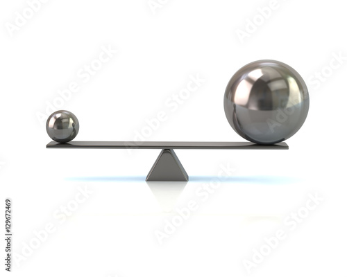 Different silver spheres balancing on a seesaw 3d illustration