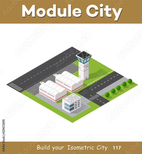 Isometric 3D city airport with transport aircraft and the runway. Skyscrapers, houses and streets with urban traffic movement of the car with trees and nature