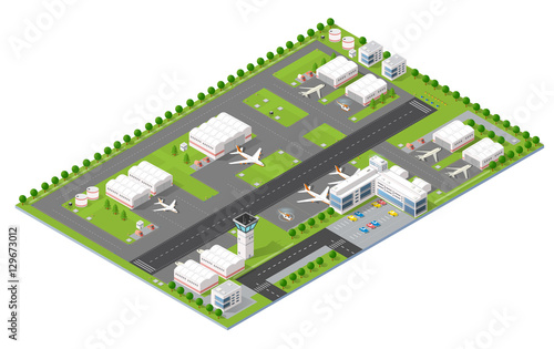 Isometric 3D city airport with transport aircraft and the runway. Skyscrapers, houses and streets with urban traffic movement of the car with trees and nature
