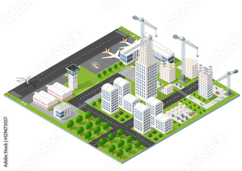 Isometric 3D city airport with transport aircraft and the runway. Skyscrapers, houses and streets with urban traffic movement of the car with trees and nature