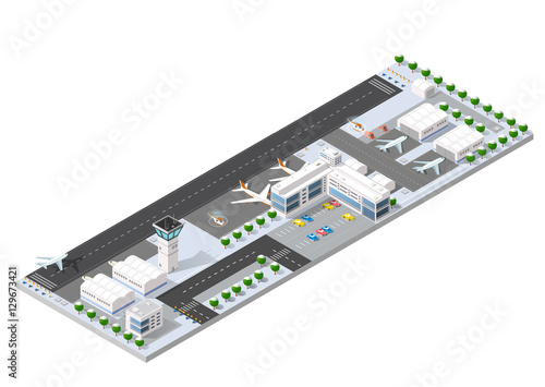 Isometric 3D airstrip of the city international airport terminal and the plane transportation and airplane runway, aircraft jet. Urban transport and building construction. Roads, trees and paths.