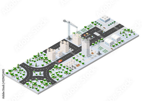 Isometric winter landscape of skyscraper view of building office and residential area of construction