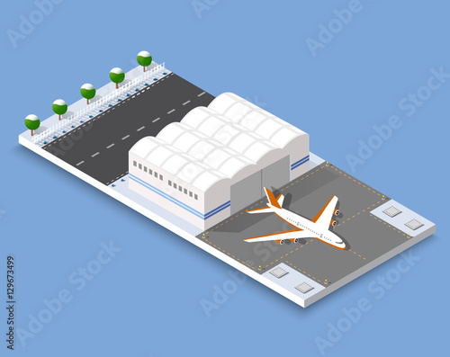 Isometric 3D airstrip of the city international airport terminal and the plane transportation and airplane runway, aircraft jet. Urban transport and building construction. Roads, trees and paths.