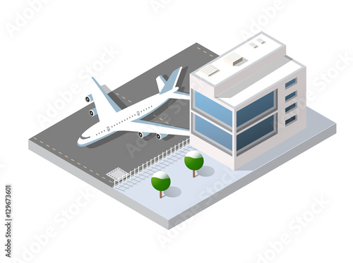 Isometric 3D airstrip of the city international airport terminal and the plane transportation and airplane runway, aircraft jet. Urban transport and building construction. Roads, trees and paths.