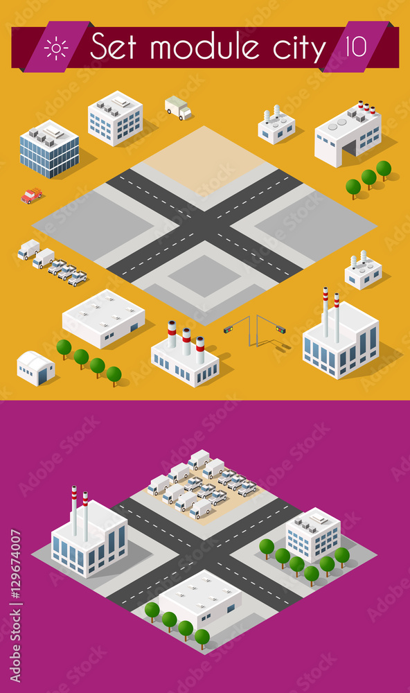 Set for design 3d cityscape city street public house on top of a block intersection of Highway Transportation street. Isometric view of skyscraper office buildings and residential construction area