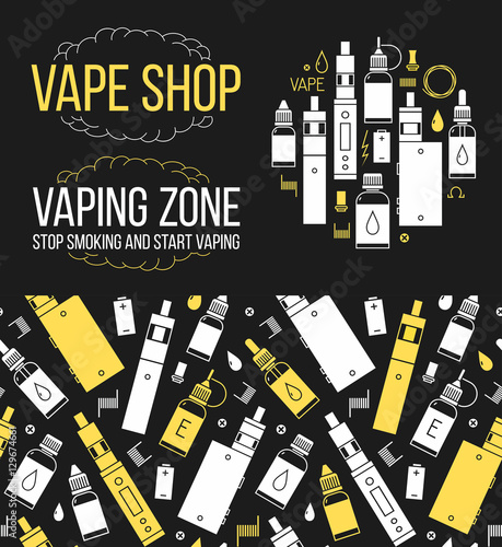 Vector seamless pattern and icons set for vape shop and e-cigarette store. E-cig, e-liquid icons

