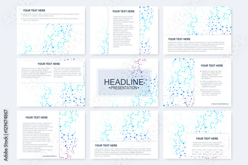 Big set of vector templates for presentation slides. Modern graphic background structure molecule and communication. Scientific pattern atom DNA. Medical, science, chemistry design.