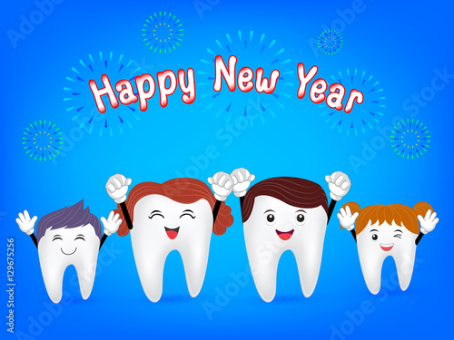 Happy new year 2017 with cute cartoon tooth family. Illustration isolated on blue background.