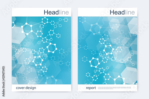 Scientific brochure design template. Vector flyer layout, Molecular structure with connected lines and dots. Scientific pattern atom DNA with elements for magazine, leaflet, cover, poster design