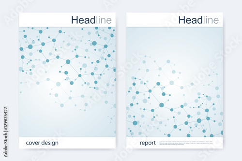 Scientific brochure design template. Vector flyer layout, Molecular structure with connected lines and dots. Scientific pattern atom DNA with elements for magazine, leaflet, cover, poster design