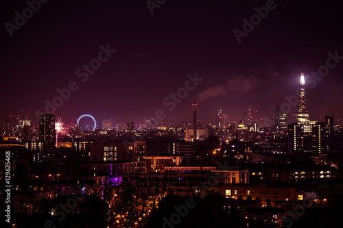 Beautiful fireworks above London. New Years Eve  view from Greenwich Point Hill 