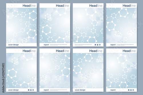 Scientific brochure design template. Vector flyer layout, Molecular structure with connected lines and dots. Scientific pattern atom DNA with elements for magazine, leaflet, cover, poster design.